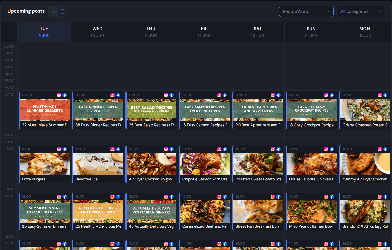 PostRecycle dashboard — calendar view of scheduled posts