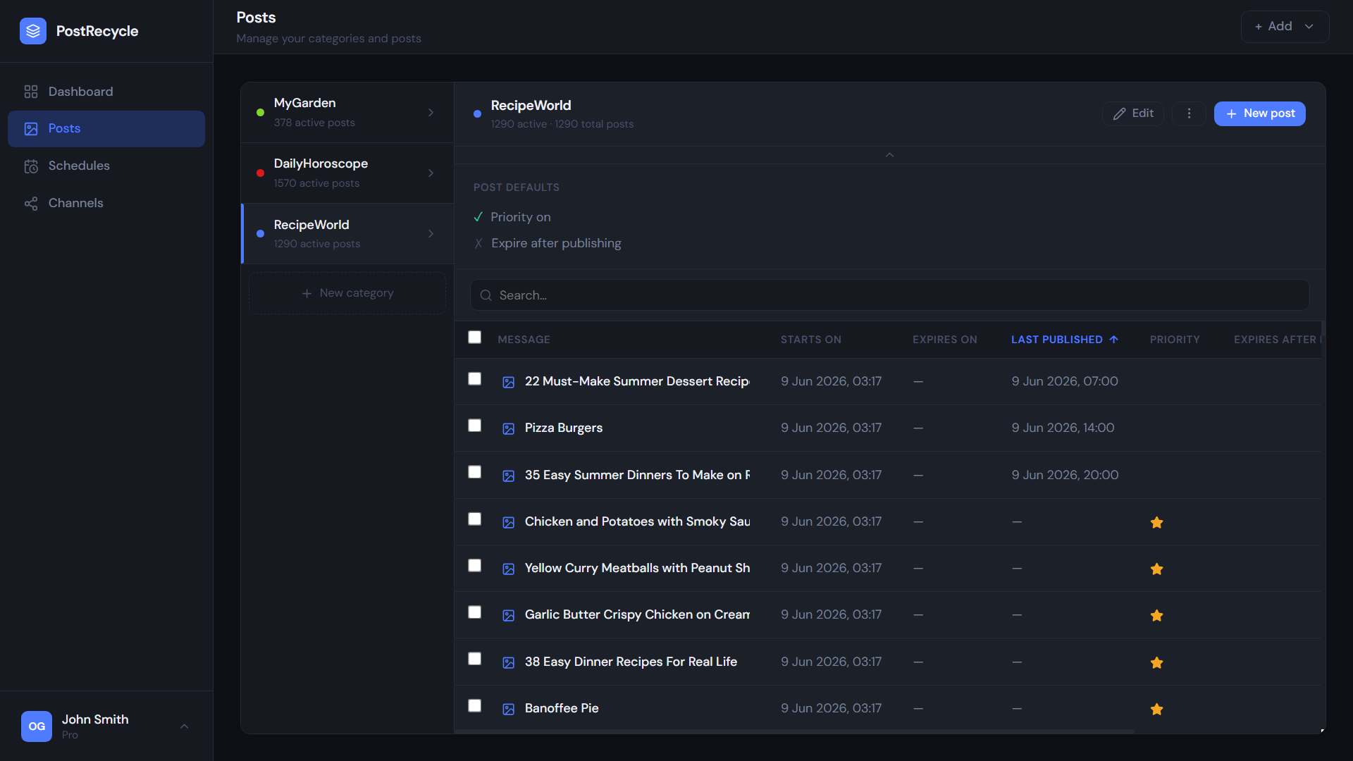 PostRecycle categories showing hundreds of active posts per category