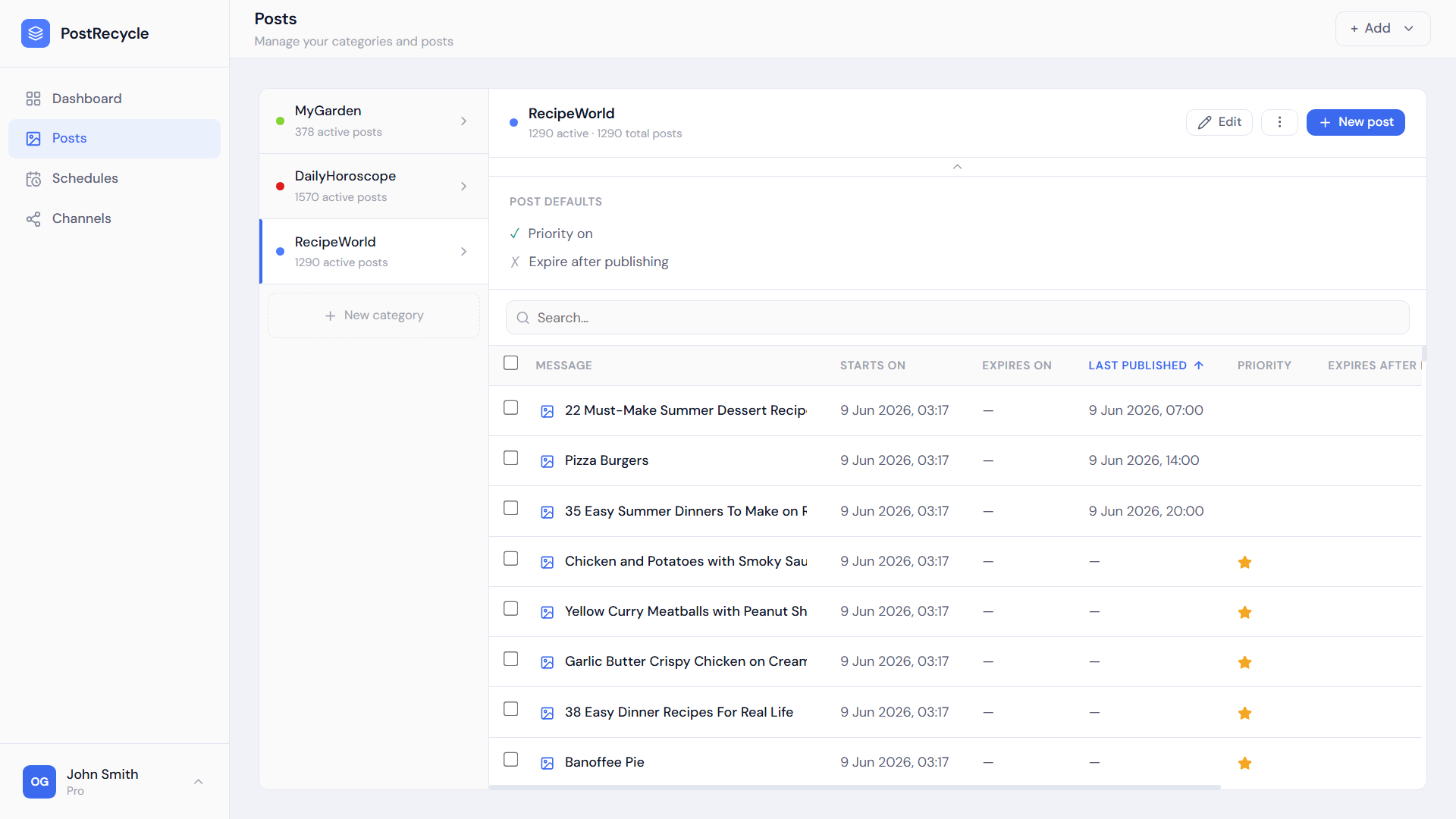 PostRecycle categories showing hundreds of active posts per category