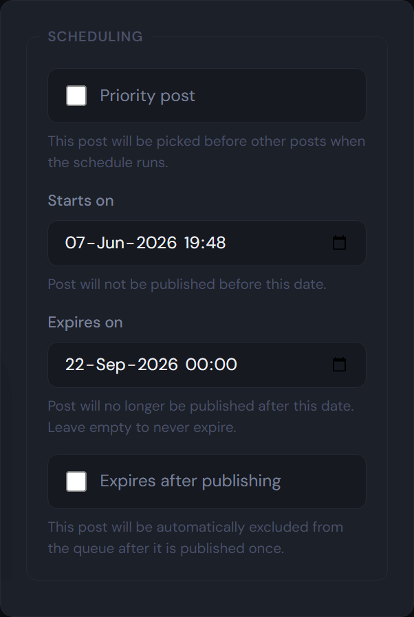 PostRecycle post scheduling — expiry date settings