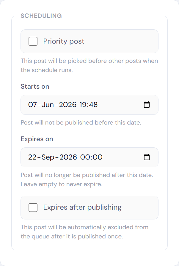 PostRecycle post scheduling — expiry date settings