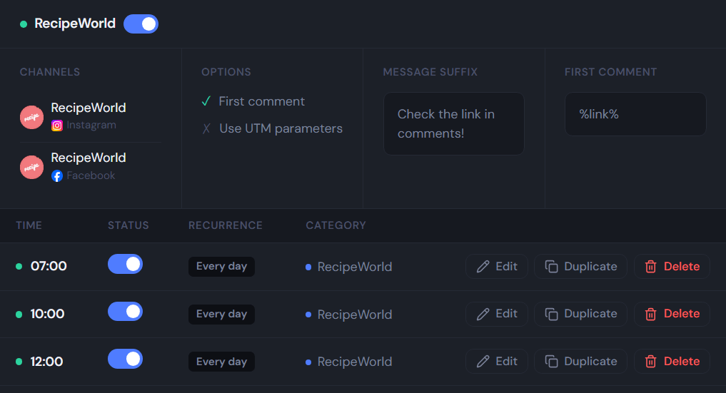 PostRecycle schedules — first comment automation