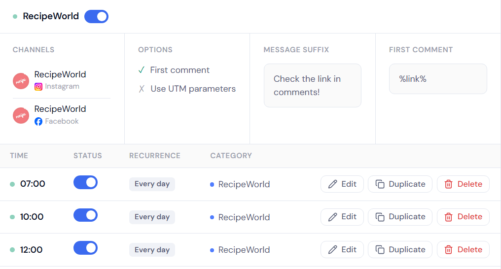 PostRecycle schedules — first comment automation