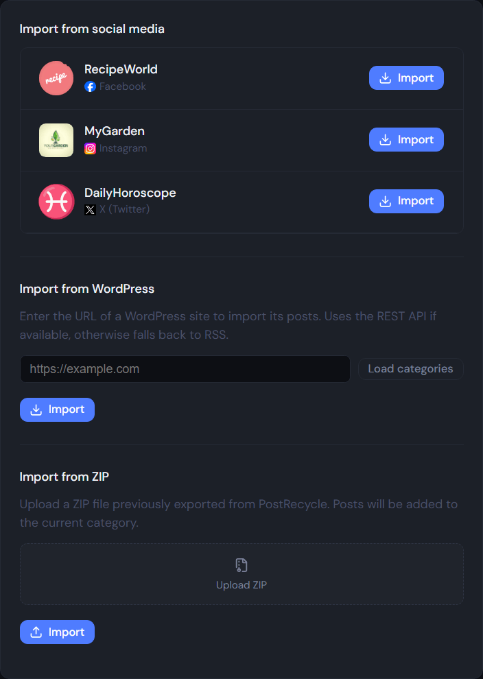 PostRecycle — import posts from WordPress and social media