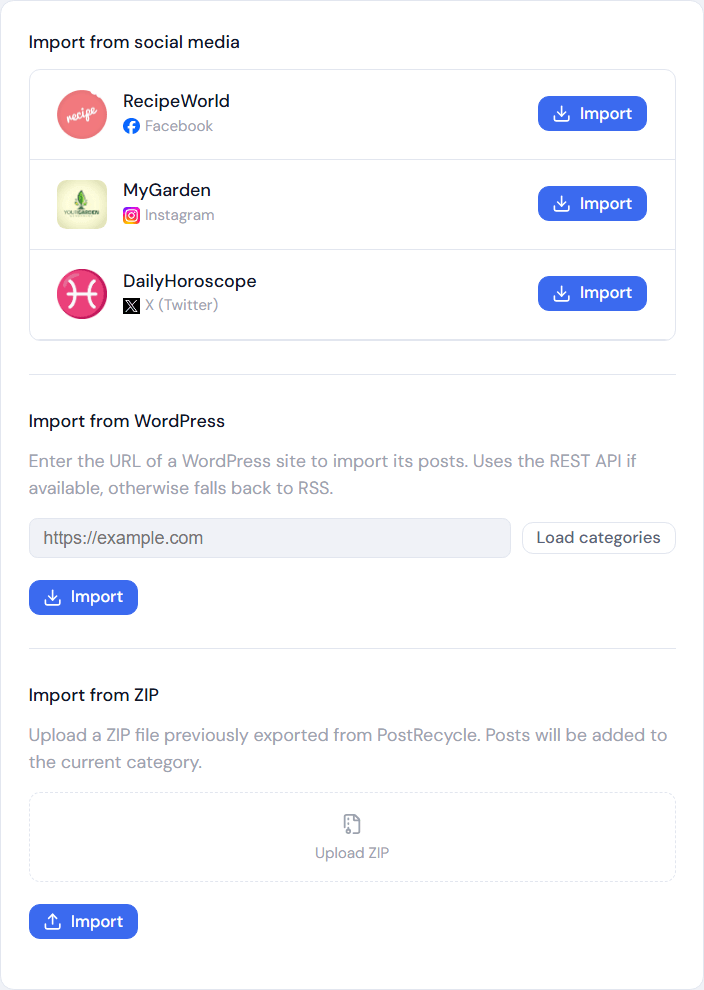 PostRecycle — import posts from WordPress and social media